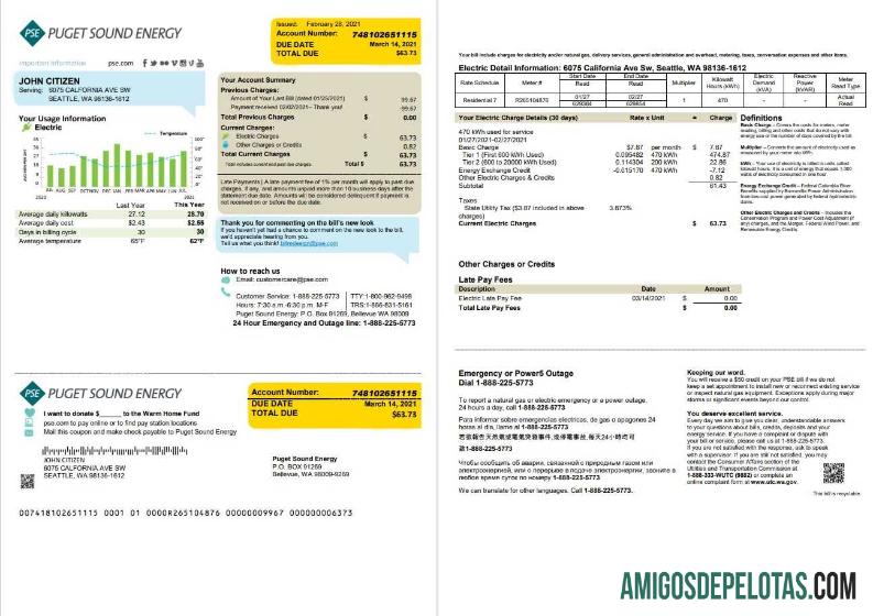 Para baixar modelo de conta de serviços públicos de energia dos EUA Washington Puget Sound em formato Word e PDF, 2 páginas, versão 2